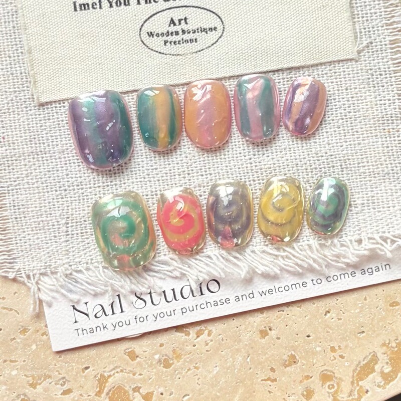 Purely Handmade Wearable Nails, Niche Style, Magic Mirror Powder, Swirl Irregular Lines, High-End Feel, Brightening Effect, New Nail Art Wholesale