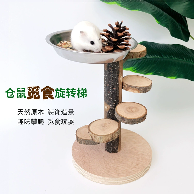 Игрушка для хомяка из цельного дерева, маленькая поилка для домашних животных, миска для еды из нержавеющей стали, вращающаяся лестница из яблочного дерева, платформа для хомяка, молярный ландшафтный дизайн