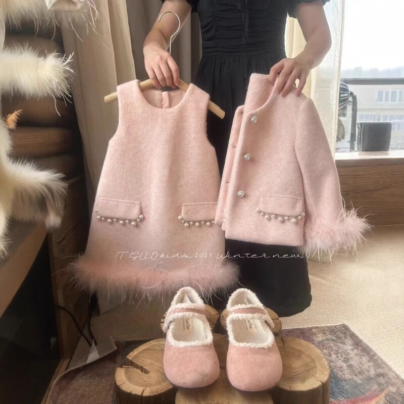 Girls' Little Chanel Style Dress Set 2026 Autumn/Winter New Children's Christmas and New Year Outfit with Little Jacket and Vest Dress Girls' Little Chanel Style Dress Set 2026 Autumn/Winter New Children's Christmas and New Year Outfit with Little Jacket and Vest Dress
