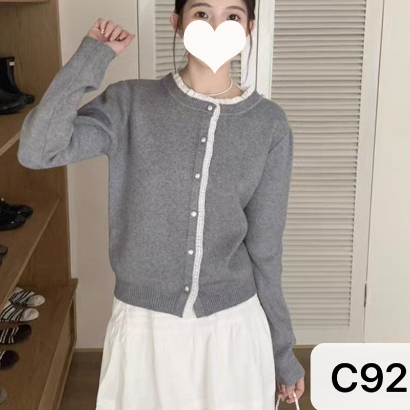 时尚蕾丝拼接毛织针织开衫女秋季新款气质高级感甜美圆领长袖上衣|undefined