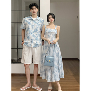 Couple Wear 2025 Summer French Floral Light Blue Square Neck Niche Suspender Dress Seaside Vacation Beach Dress
