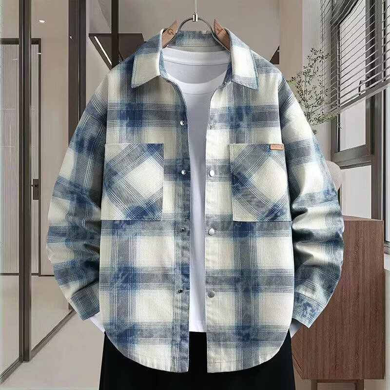 Denim Jacket for Teenagers, Loose Fit, Spring and Autumn, Plaid, New Trendy Brand, Casual Student Shirt, Turn-Down Collar, Trendy Jacket