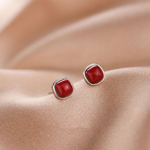 Ganjia 925 Silver Red Bean Earrings Retro Chinese Style Earrings New Year Red High-end Ear Jewelry Women's New Year Trend