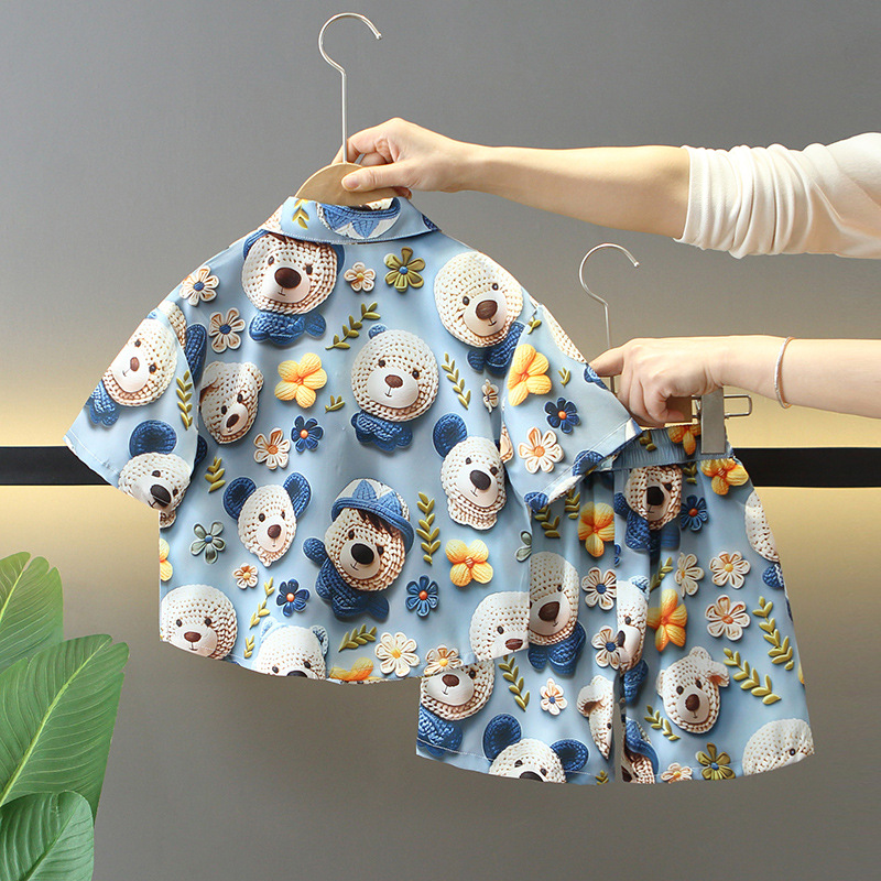 7872 traje de verano para niños 2025 nueva camisa hermosa para niños de dos piezas ropa de estilo de playa de moda para bebés