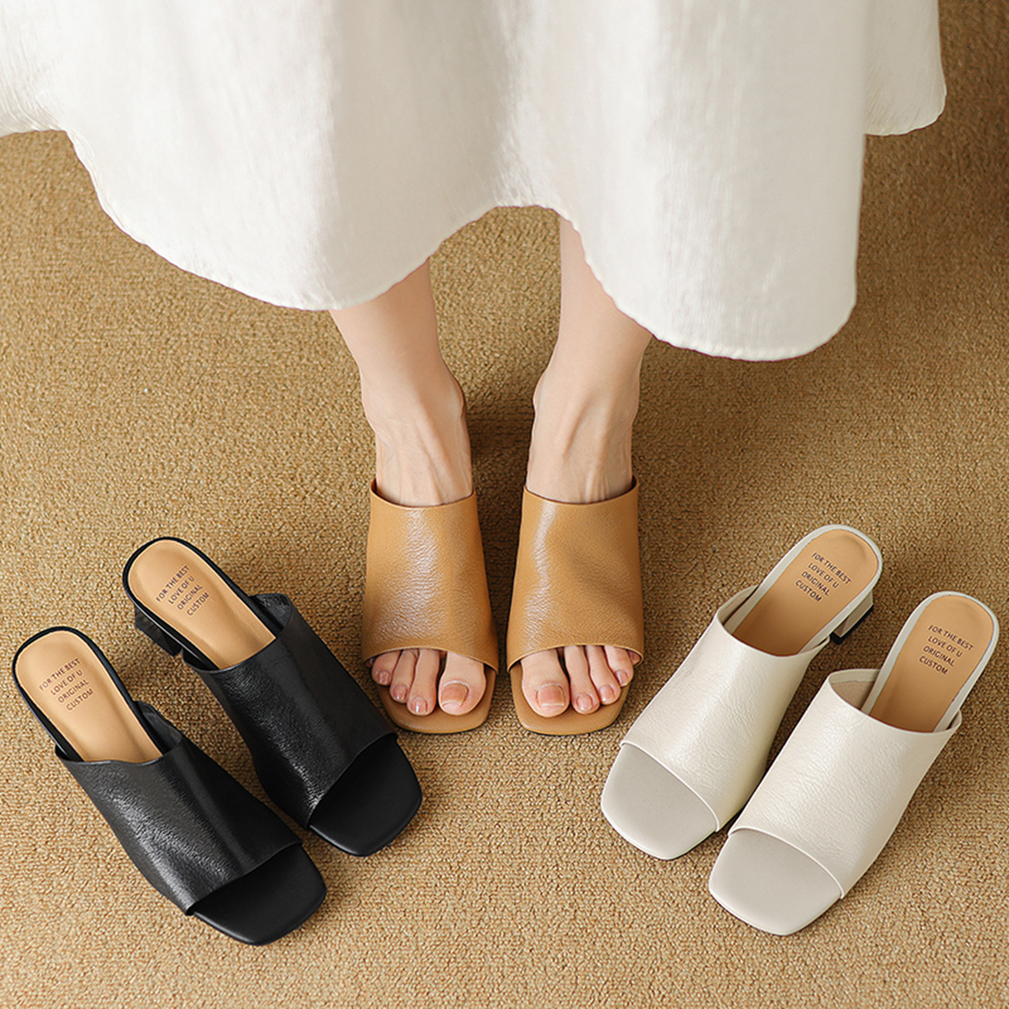 Sandal cao gót nữ hở mũi quai ngang da bò đục lỗ, gót 7 cm — Đen và cao 7 cm