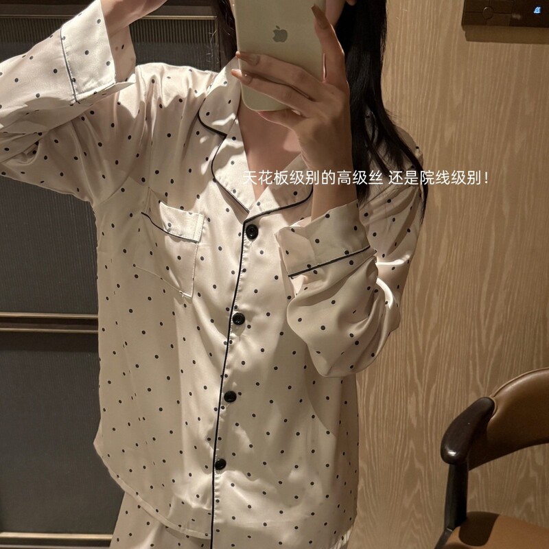 幸觅波点冰丝缎面睡衣公主风长袖长裤甜美少女家居服套装秋冬跨境|undefined
