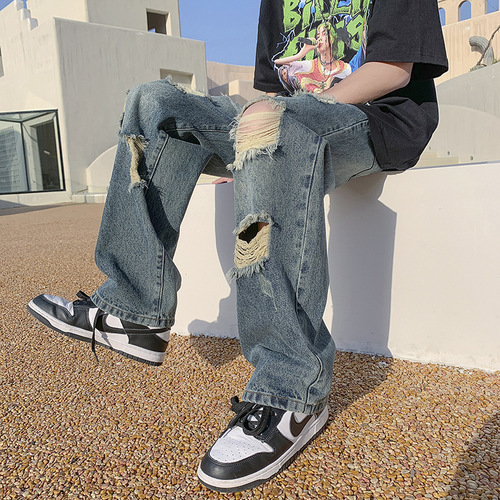 Ripped Denim Jeans for Men, Summer Style—Instagram-Famous High-Street Loose-Fit, Distressed Wide-Leg Pants with a Unique Designer Touch, Perfect for Trendy, Niche Brands