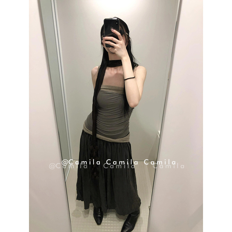 ニッチデザインパッチワークプリーツホットガールチューブトップドレス女性のための 2024 夏 A ラインロングプリーツスカート|undefined