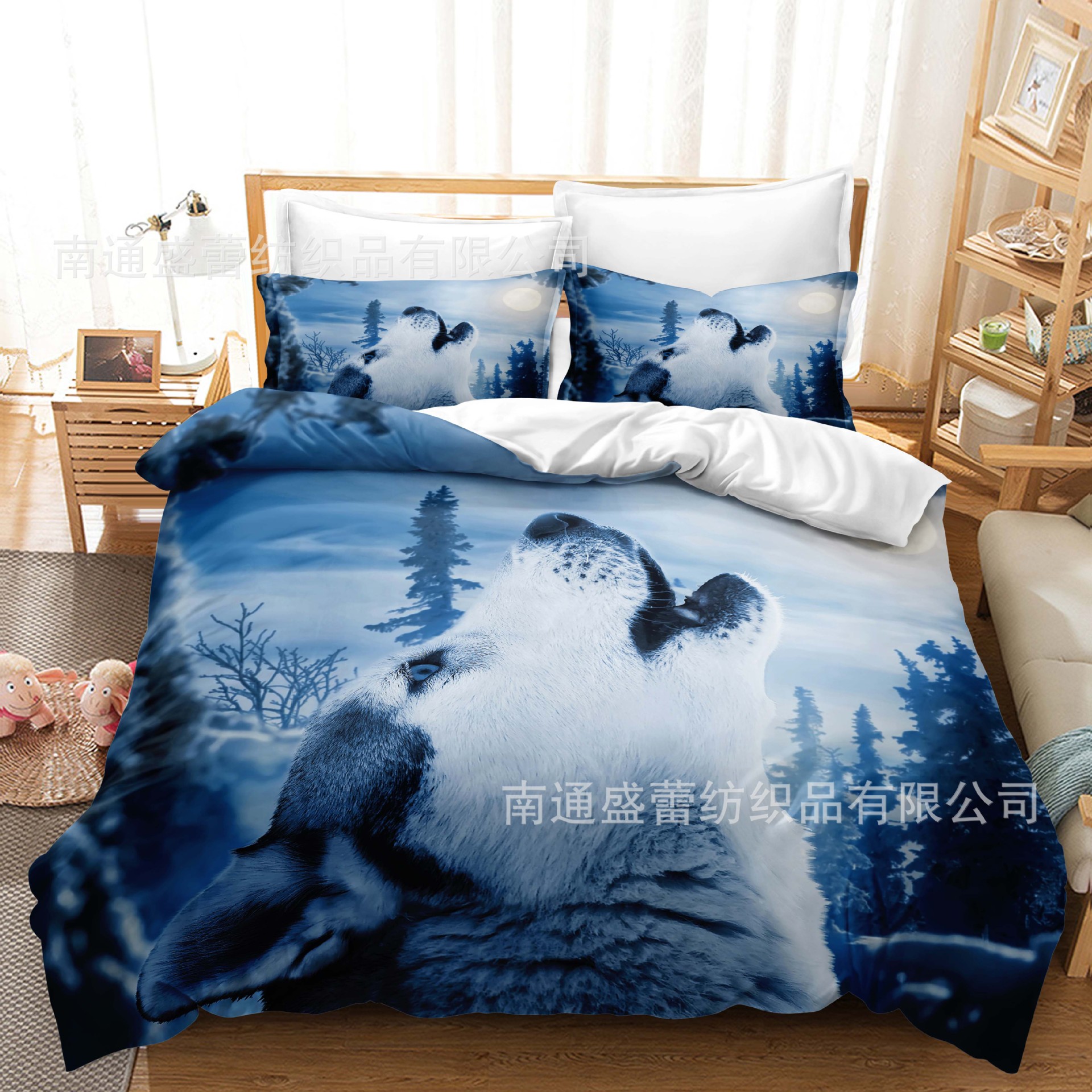 Serie de lobo 3D Impresión digital transfronteriza cubierta de edredón de comercio exterior conjunto de tres piezas conjunto de ropa de cama de cuatro piezas ventas directas de la fábrica