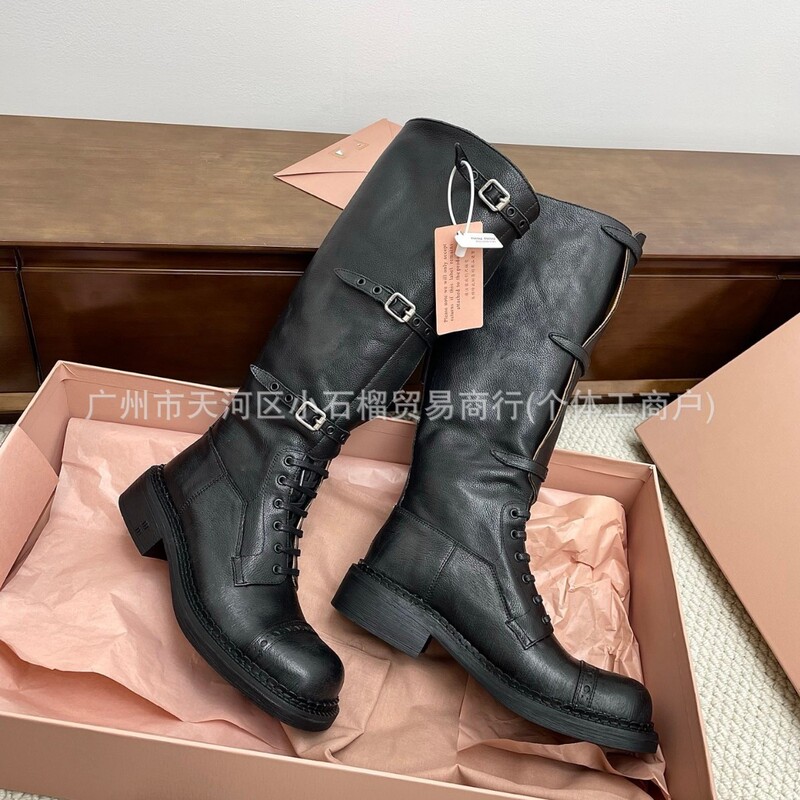 Guangzhou high-quality miu distressed combat boots with belt buckle, women's high-tube long boots, cowhide round-toe lace-up short boots