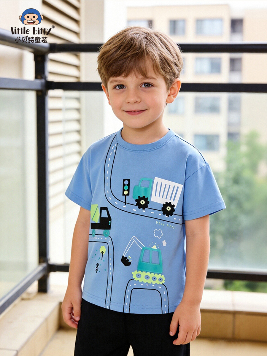 Cross-Border Supply 2026 Spring/Summer Children's Short-Sleeve T-Shirt with Cartoon Car Design, Round Neck Casual Kids' Top, In-Stock Clothing