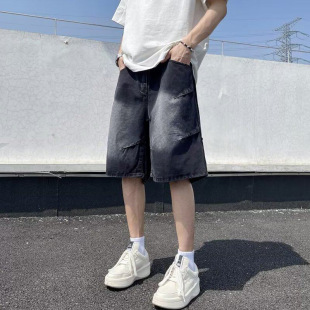 Factory wholesale American retro distressed washed Denim shorts men's summer design sense niche straight pants