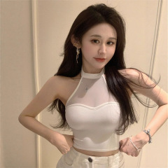 美式热辣欧美黑色背心女夏外穿露背修身短款内搭无袖挂脖吊带上衣