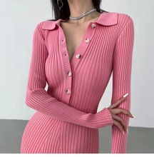 春秋法式性感辣妹针织连衣裙显瘦紧身修身毛衣御姐包臀V领长款裙