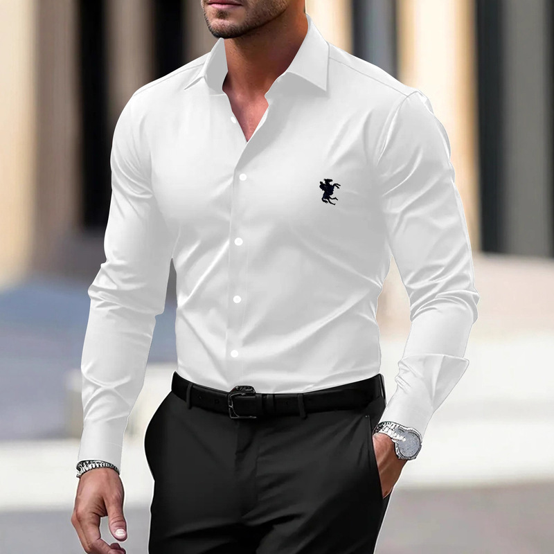 Embroidered Muscular Men's Business Shirt, No-Iron Professional Work Men's White Suit Shirt for Work