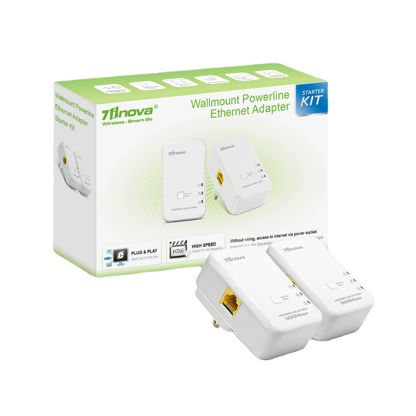 Сет сетевого адаптера Ethernet 7inova AV500 для домашней сети, IPTV и Qualcomm connectivity