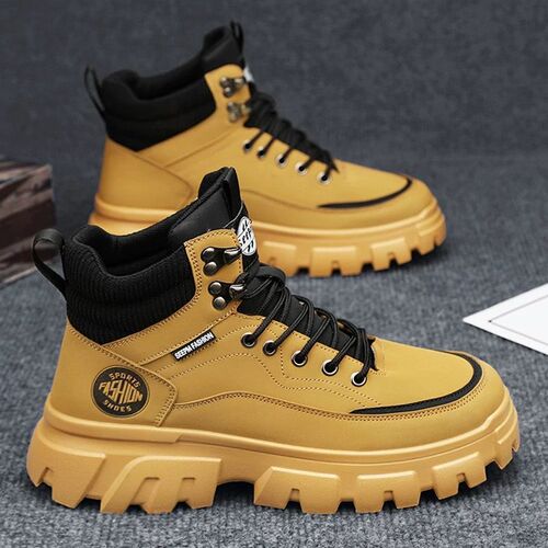 High-top men's winter leather waterproof thick-soled indoor height-increasing British-style large yellow Martin boots for men, hiking short boots