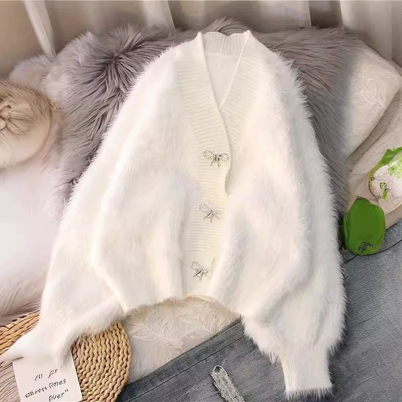 Жакет короткий вязаный (женский), стиль Chanel, оверсайз V-образный вырез, пушистая длинноворсная ткань, осень