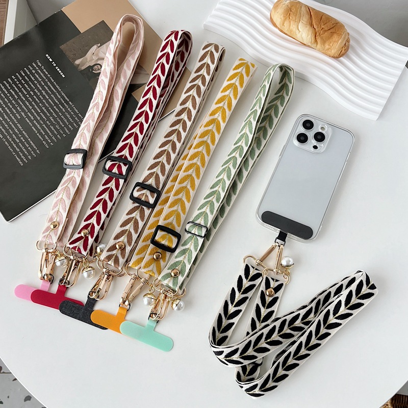 Cordón para teléfono móvil bordado hoja de ratán largo bandolera colgante cuello colgante ajustable con colgante de perlas fuerte y duradero