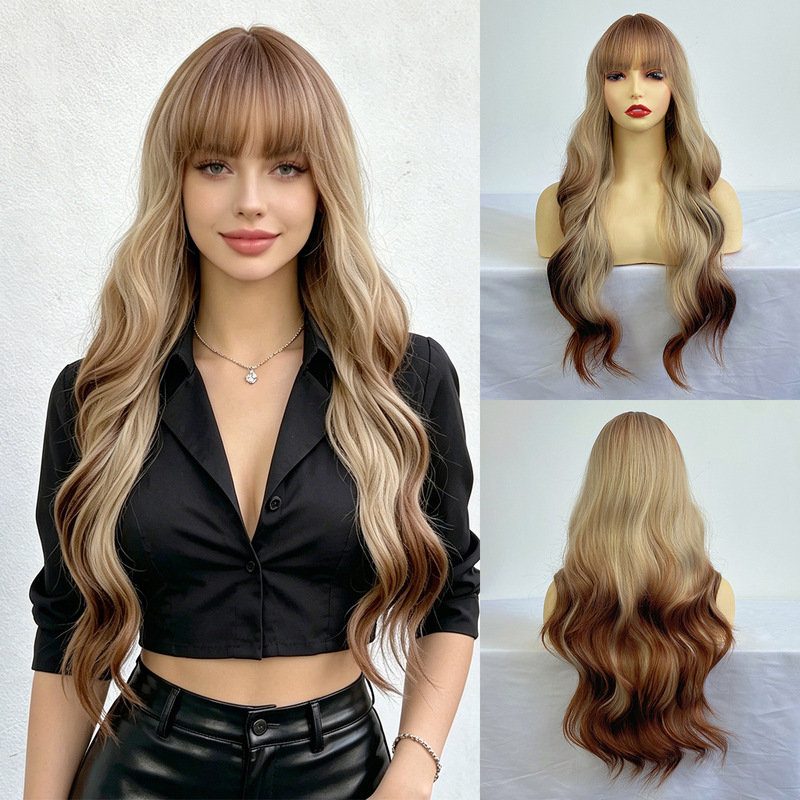 Aliexpress Cross-Border Hot-Selling Gradient Golden Brown Long Curly Hair European and American Style Flat Bangs Big Wave Synthetic Fiber Wig Aliexpress Cross-Border Hot-Selling Gradient Golden Brown Long Curly Hair European and American Style Flat Bangs Big Wave Synthetic Fiber Wig