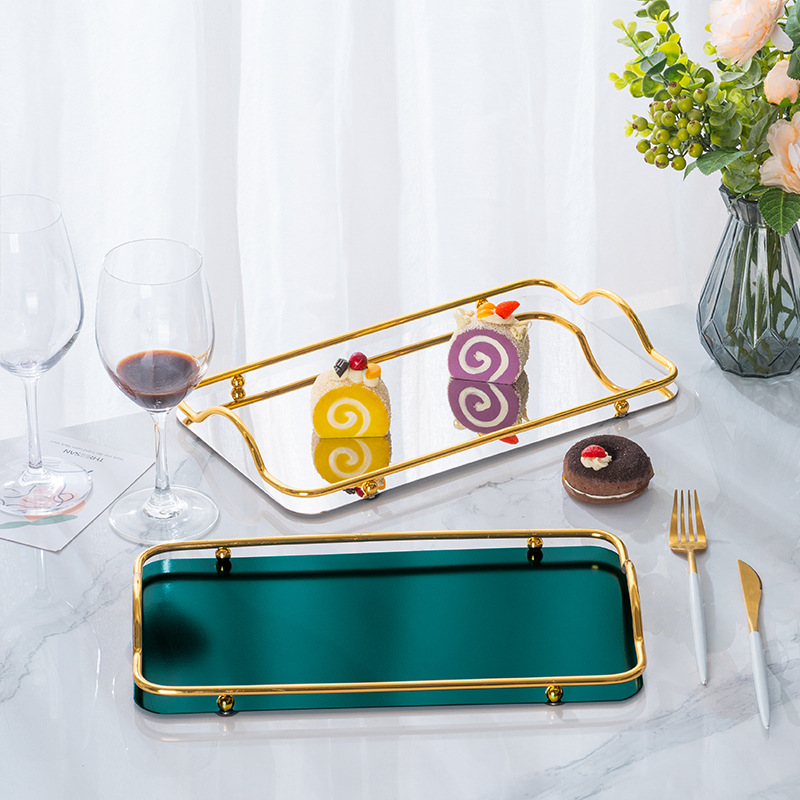Luz dorada de lujo bandeja de acero inoxidable rectangular Hotel hogar taza de té taza de café postre taza de agua mesa de té de almacenamiento