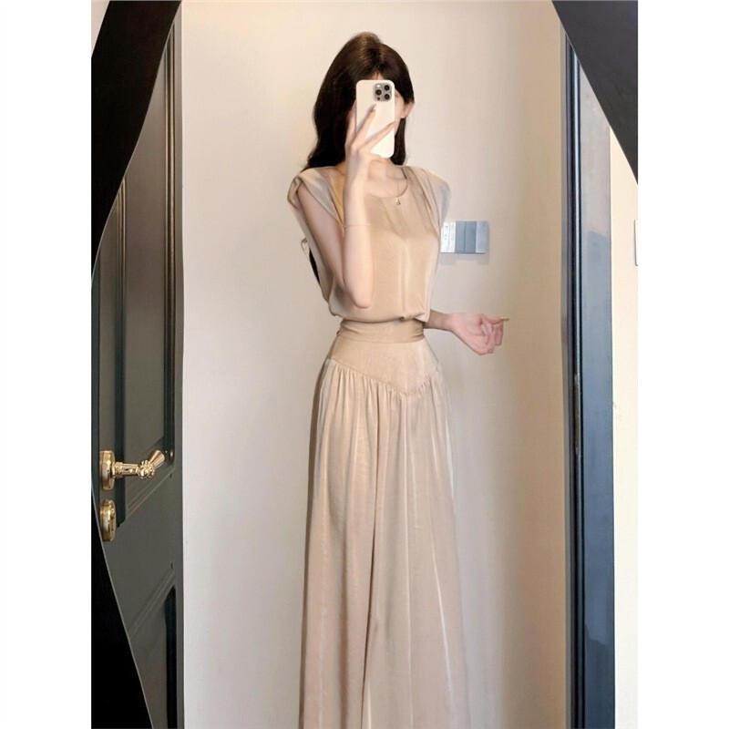 Spring 2025 New suit Women's Light Mature Style Elegant Waist Sleeveless Shirt High Waist Casual Draped Wide Leg Pants