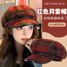 日系新款帽子女大头围显脸小贝雷帽休闲百搭圆顶帽复古格子画家帽