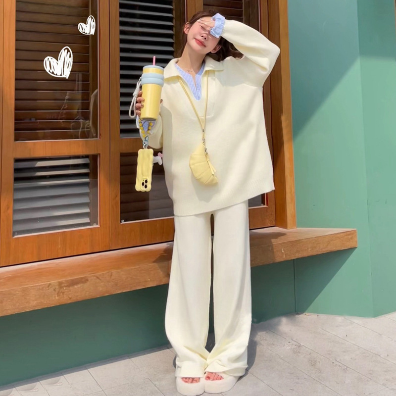 时尚慵懒风针织套装女秋冬季新款衬衫拼接假两件毛衣阔腿裤两件套|undefined