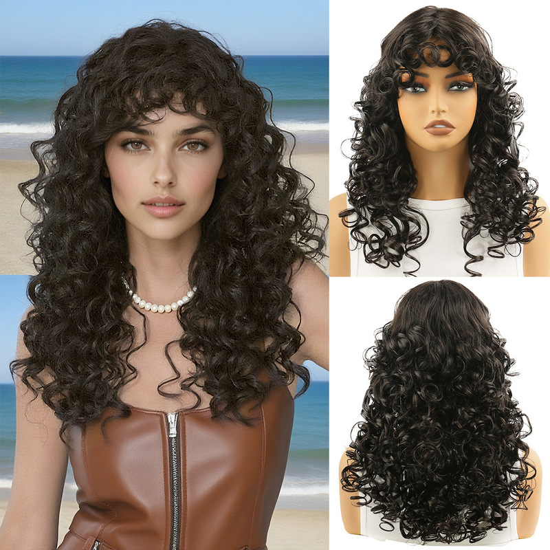 Black Hot Girl Spring Curly Wig for Women, Deep Wave Long Curly Hair, Black Bangs, Full Head Wig, Wholesale from Manufacturer, Full Bangs