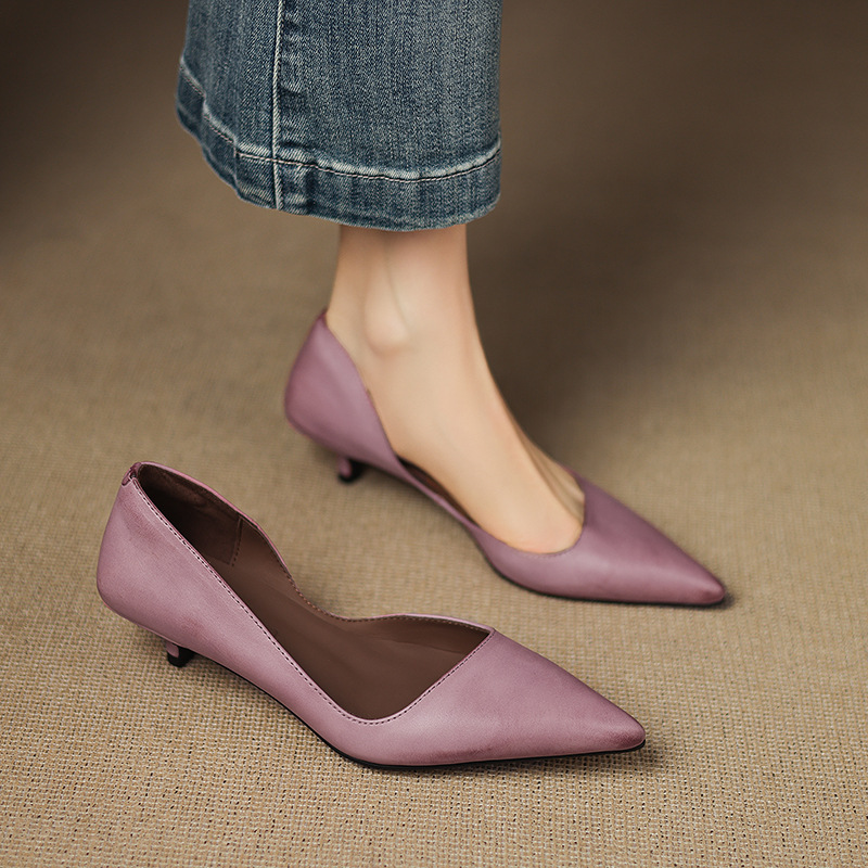 First Layer Washed Cowhide 4cm Elegant Side Hollow Shoes 2025 Spring and Autum Genuine Leather Pointed Toe Cat Heel Women's Shoes Stiletto Heels