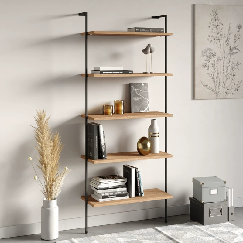 Скандинавская железная книжная полка Напольная стеллаж для хранения Гостиная Декоративная стойка из цельного дерева Многослойная стеллаж для хранения Простая домашняя витрина