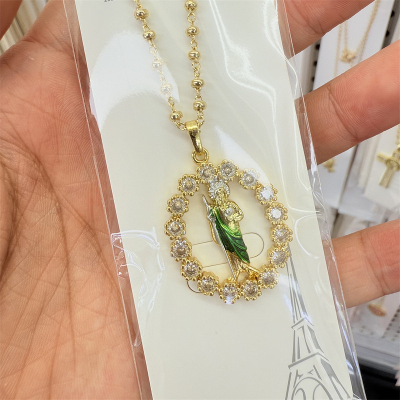 Cross-Border New Copper Inlaid Zircon Religious Virgin Mary Saint Jude Father Sickle Clip Bead Chain Pendant Necklace Jewelry Accessories