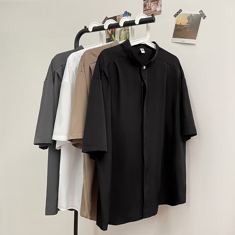 Summer New Ice Silk Draped Chinese-style Short-sleeved Pleated Solid Color Shirt Internet Popular Men's Three-dimensional Cut-out Middle-sleeved Shirt