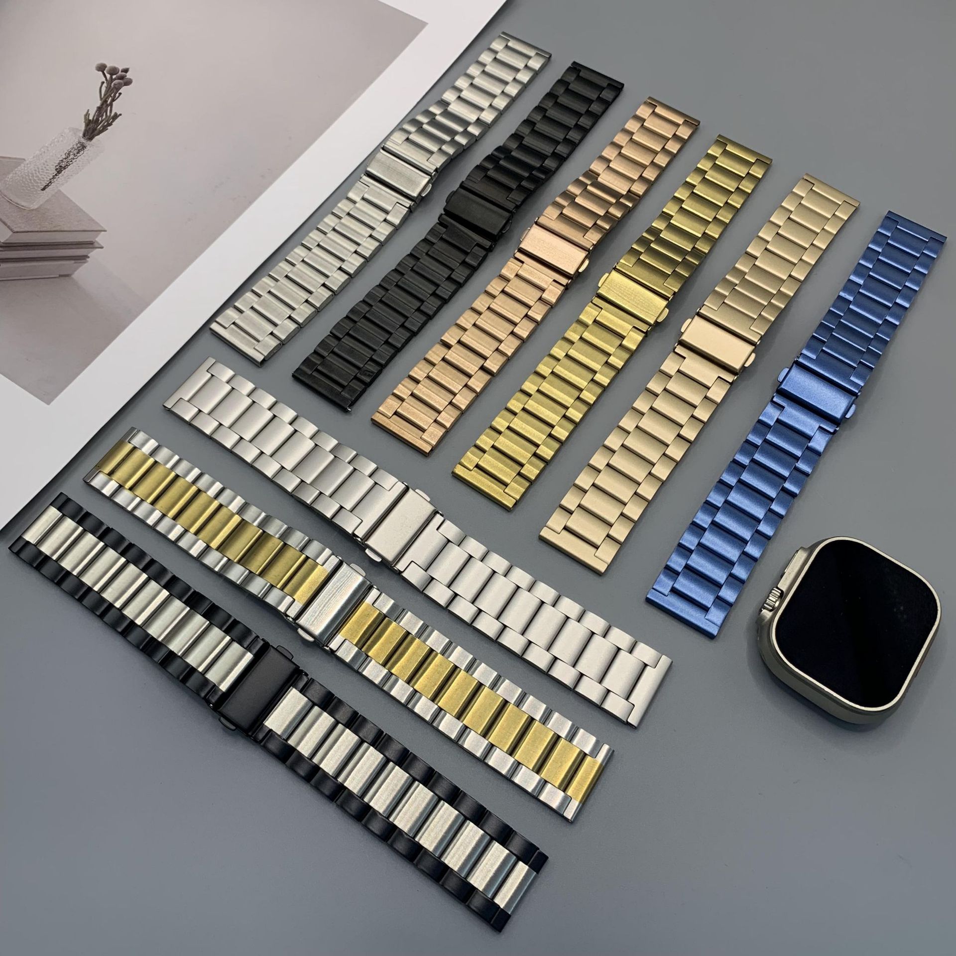 for huawei gt samsung iwatch apple watch strap with three jump buckle stainless steel sheet metal strap watch strap