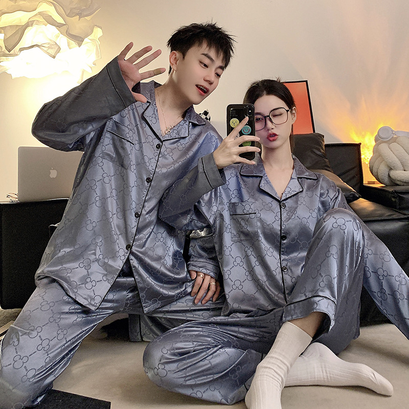 Pijama de pareja de seda de hielo para mujer primavera delgada manga larga para hombre jacquard de seda de hielo más tamaño Conjunto Avanzado de dos piezas