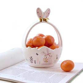 跨境创意复活节陶瓷浮雕兔子创意家居水果蓝插花篮手提篮家居摆饰