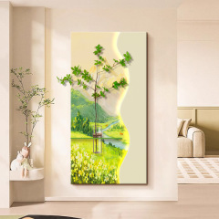 奶油风玄关装饰画高级感立体砂岩画水培绿植走廊过道led壁灯挂画