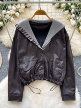 韩版时尚复古设计感海军领皮衣外套女冬季宽松显瘦休闲抽绳短上衣