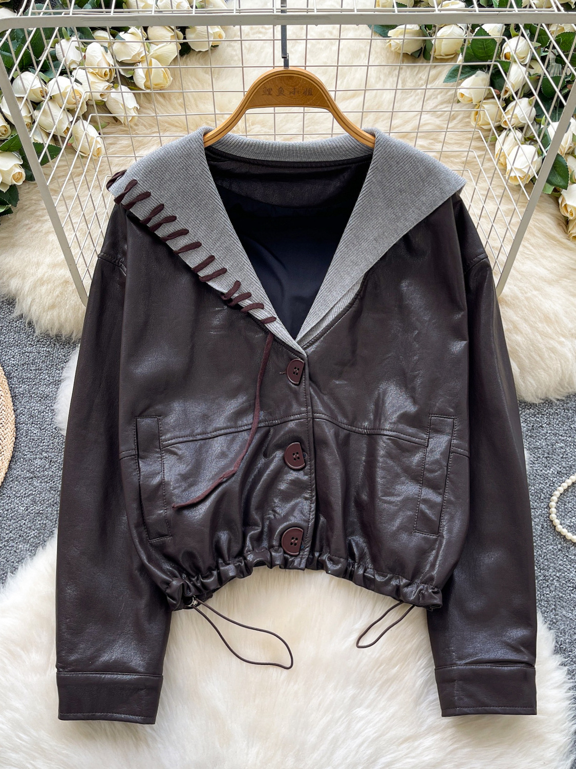 韩版时尚复古设计感海军领皮衣外套女冬季宽松显瘦休闲抽绳短上衣