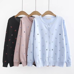 2022 Spring Thin Knitted Sweater Long Sleeve Embroidered Love Heart Round Neck Casual Easiest for Match Long Sleeve Cardigan Fat Girl Jacket 8023