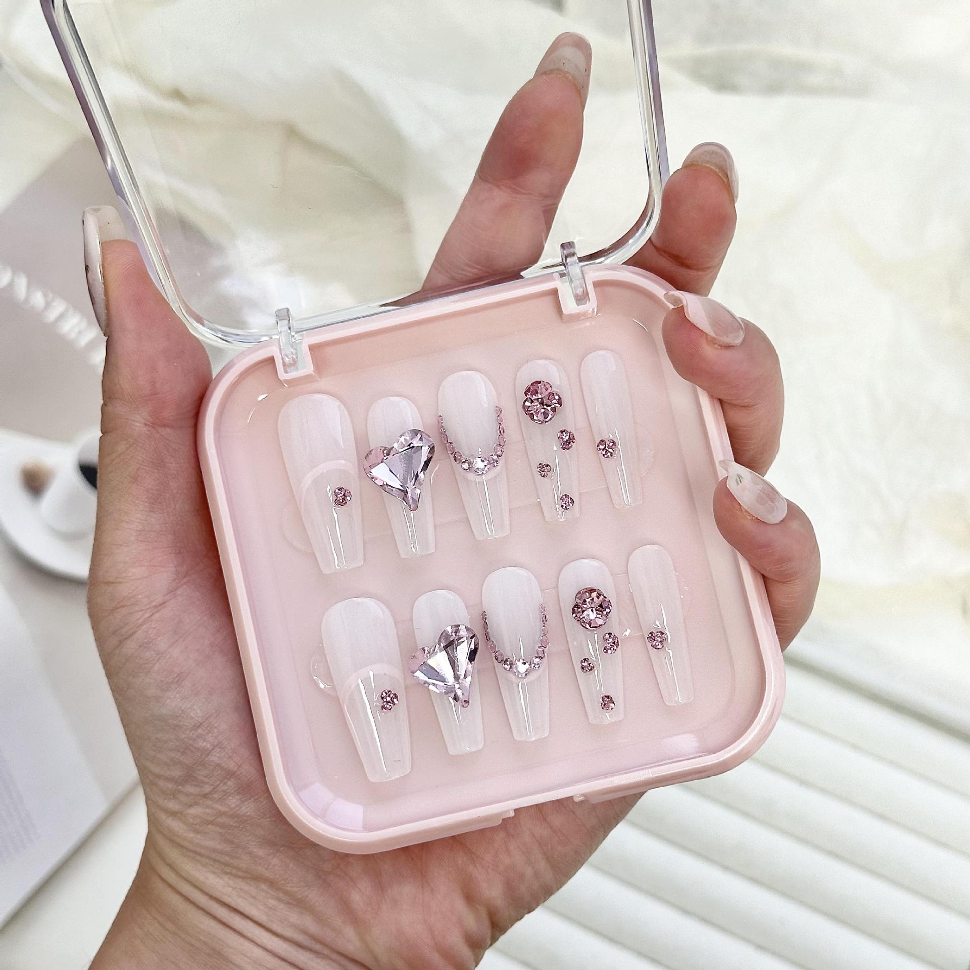 Caja de almacenamiento de uñas de desgaste hecho a mano cubierta transparente fondo rosa pieza de uñas de acrílico desgaste caja de embalaje de uñas al por mayor