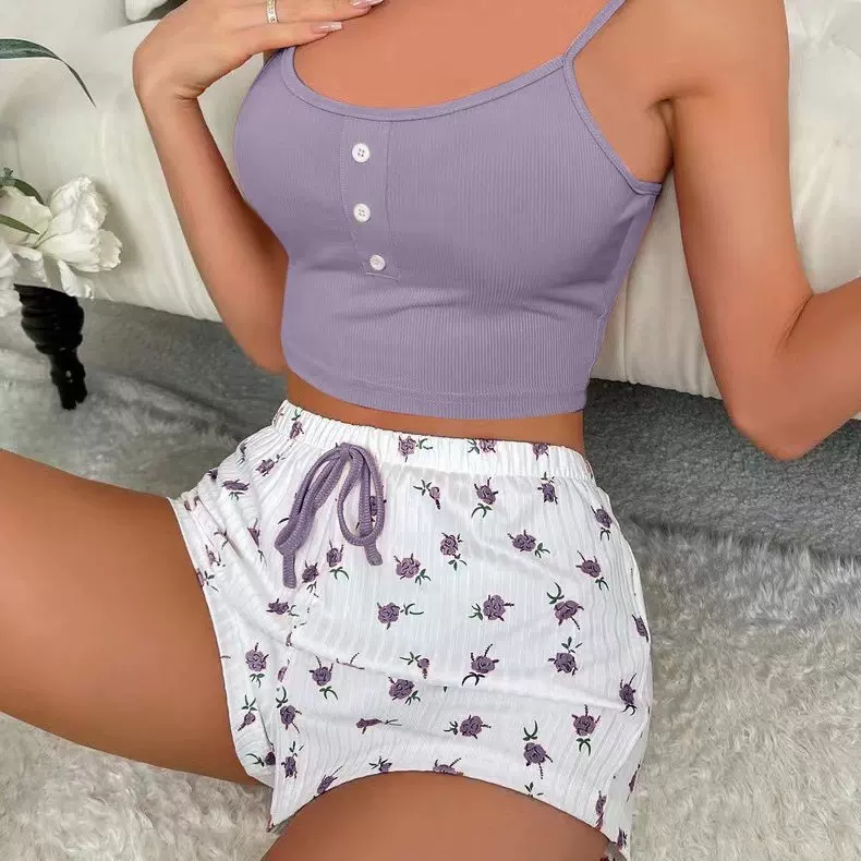 欧美亚马逊性感大码女士印花纯欲睡衣套装薄款坑条可外穿家居服女