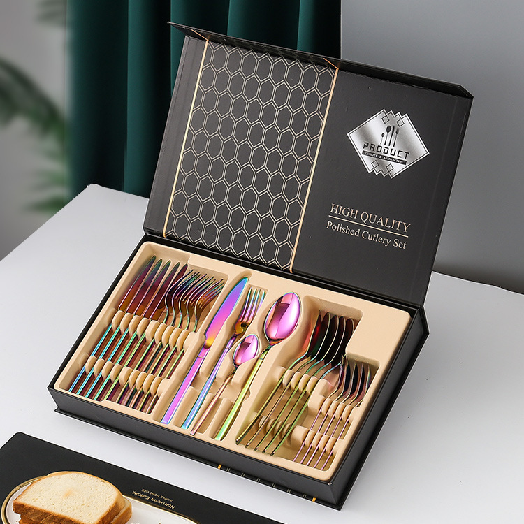 Amazon transfronteriza de 24 piezas de acero inoxidable occidental vajilla traje 1010 cuchillo, tenedor y cuchara de oro natural de almacenamiento en rack caja de regalo