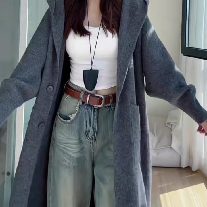 口袋连帽秋冬慵懒风连帽长款过膝针织开衫女加厚宽松显瘦外套大衣