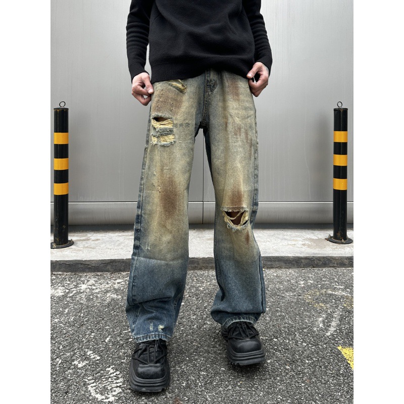 Jean déchiré de style américain délavé et sale pour hommes et femmes, pantalon ample légèrement évasé Vibe_voghion.com