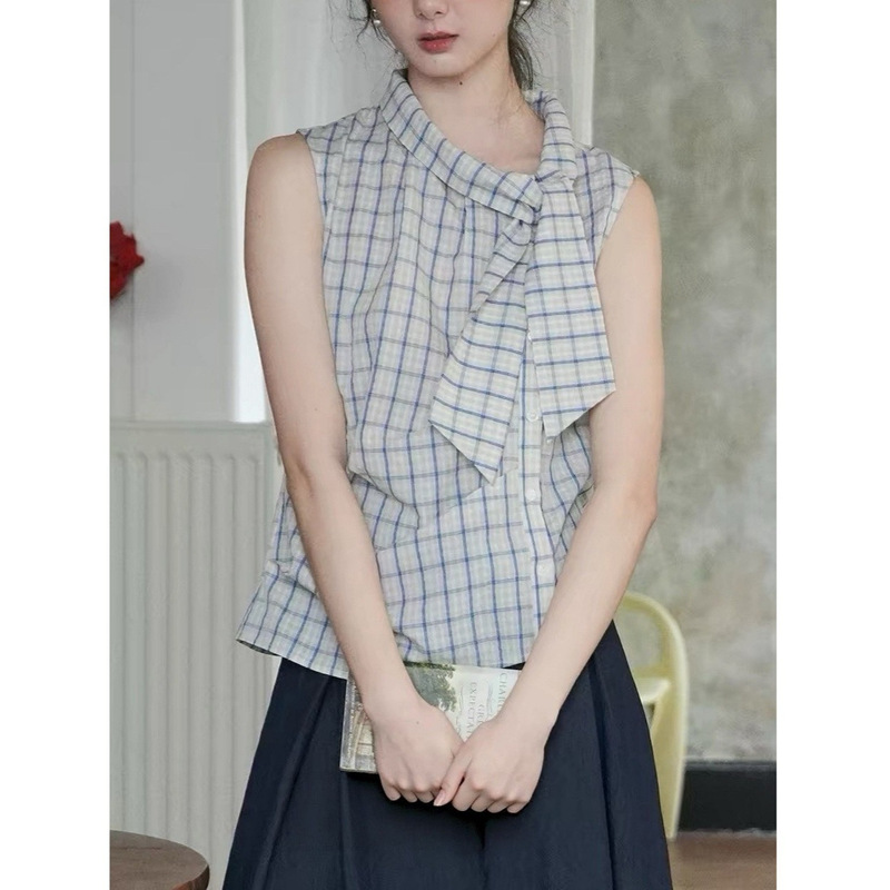 Dailiko Road [Sea Salt Letter] Diagonal Placket Pleated Plaid Tie Shirt, Lightweight and Refreshing, Slim-Fit Top