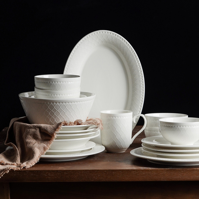 White Embossed Ceramic Rice Bowl Household Dish 2025 New Style Plate Bowl Underglaze Color French Style Bowl Dish Tableware suit