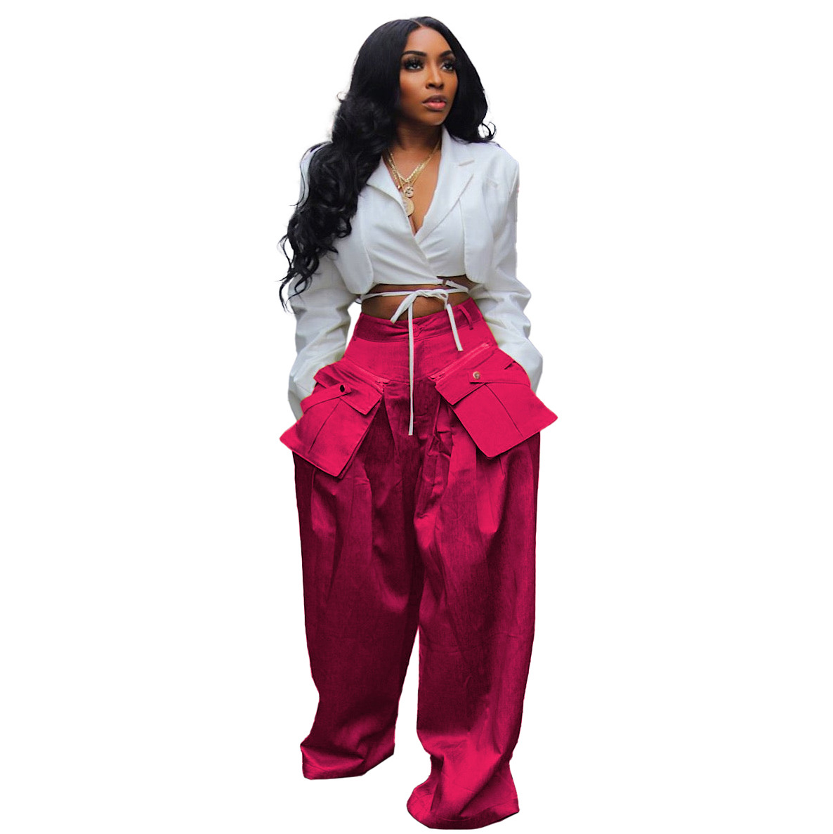 thumbnail image 2 of Pantalones casuales de moda de primavera y verano para mujer, pantalones anchos con bolsillos tridimensionales desmontables, 2 of 6