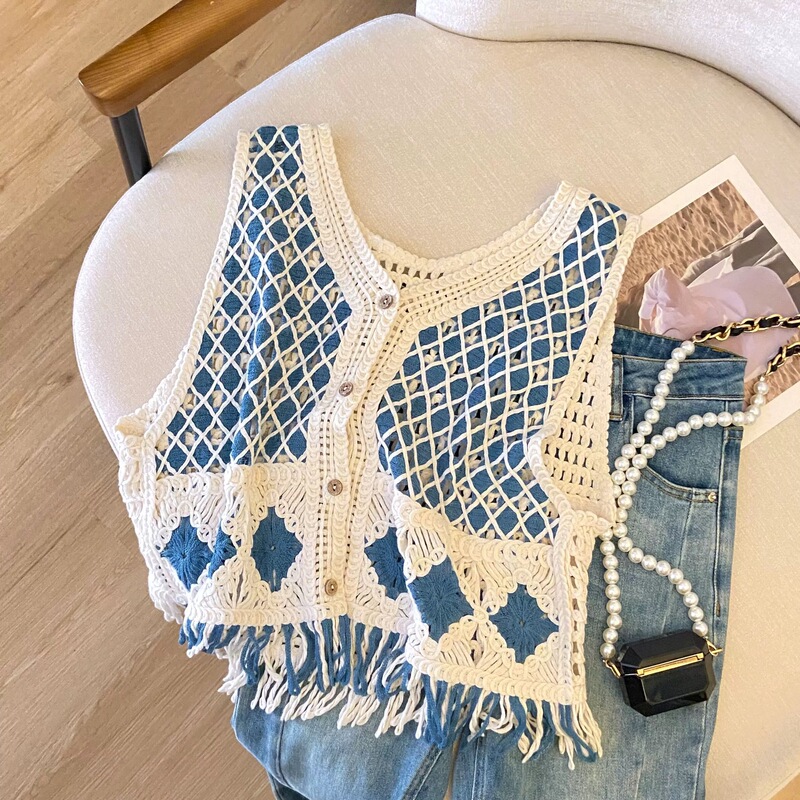 Ethnic Style Retro Rhombus Tassel Knitted Vest Vest for Women's Seaside Vacation Cut Out Thin Waistoutwear Cardigan Ethnic Style Retro Rhombus Tassel Knitted Vest Vest for Women's Seaside Vacation Cut Out Thin Waistoutwear Cardigan