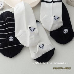 Black and White Embroidered Socks for Women, Instagram-Fashionable Ankle Socks, Low-Cut Design, Summer Thin Style, Korean Cartoon Panda, Adorable Japanese-Style Boat Socks